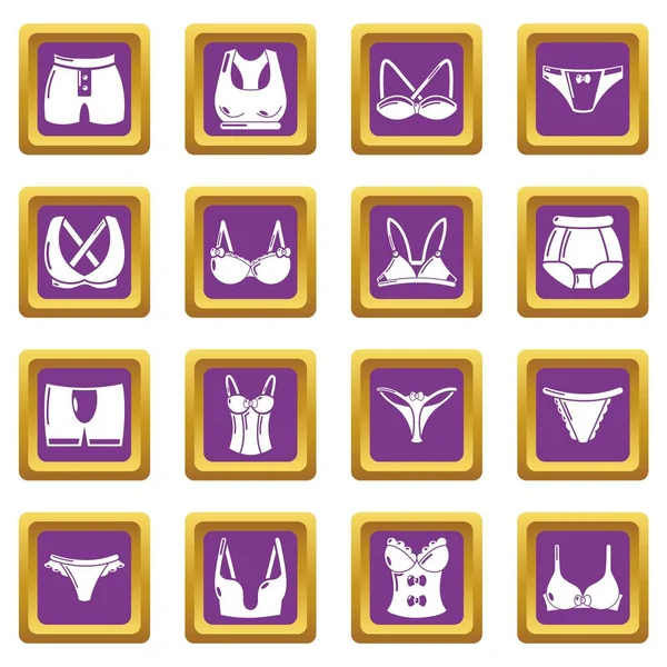 Tipo de ropa interior iconos conjunto púrpura cuadrado vector — Archivo Imágenes Vectoriales