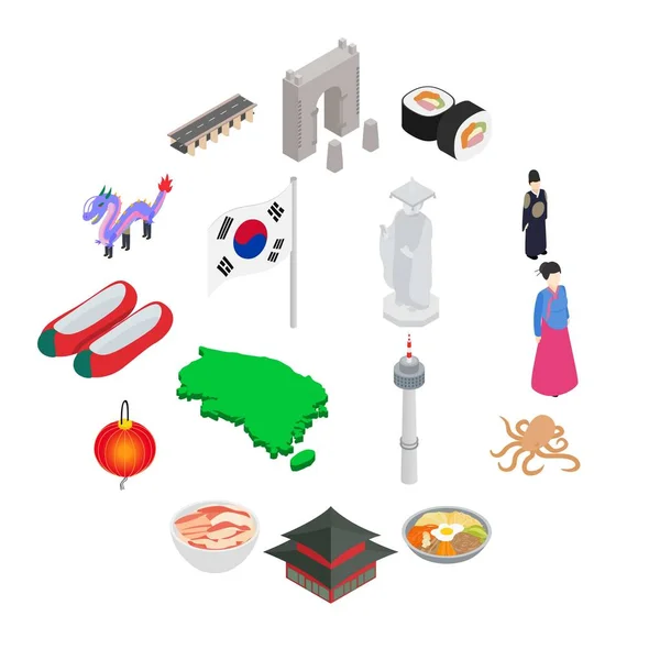 Jižní Korea ikony set, izometrické 3d styl — Stockový vektor