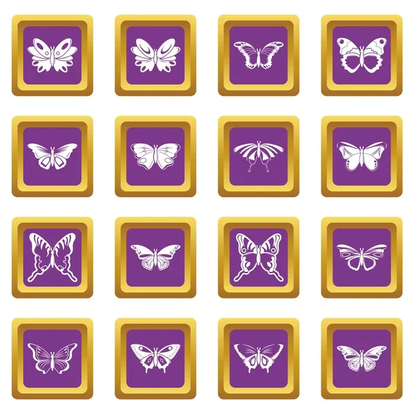 Motýlí kolekce ikony set fialové čtvercové vektor — Stockový vektor