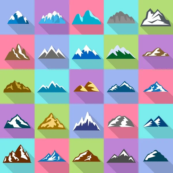 Ensemble d'icônes de montagne, style plat — Image vectorielle