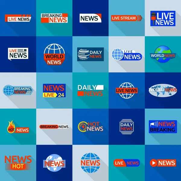 Noticias set de iconos de etiqueta de ruptura en vivo, estilo plano — Vector de stock