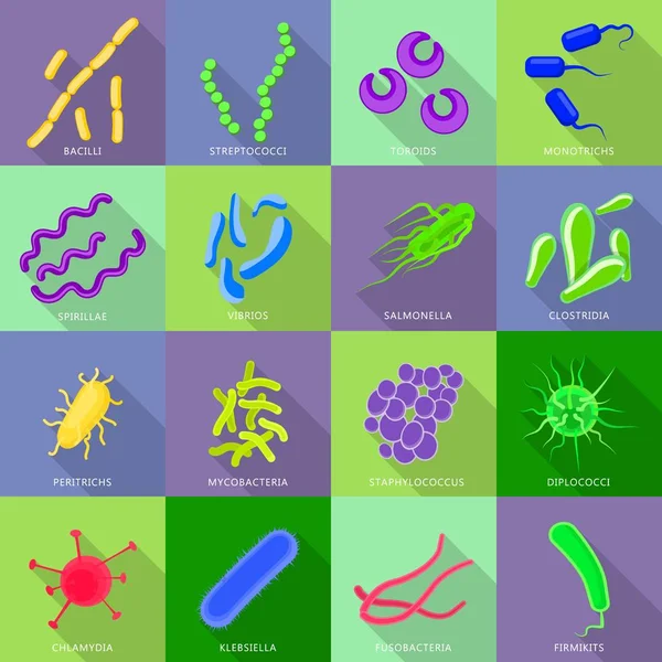 Conjunto de ícones de vírus e bactérias, estilo plano — Vetor de Stock