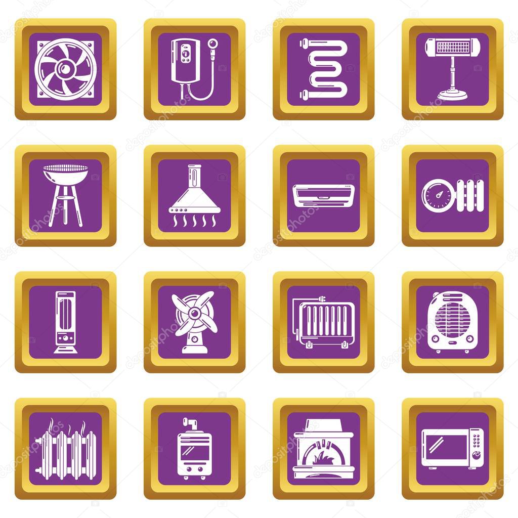 Heat cool air flow tools icons set purple square vector