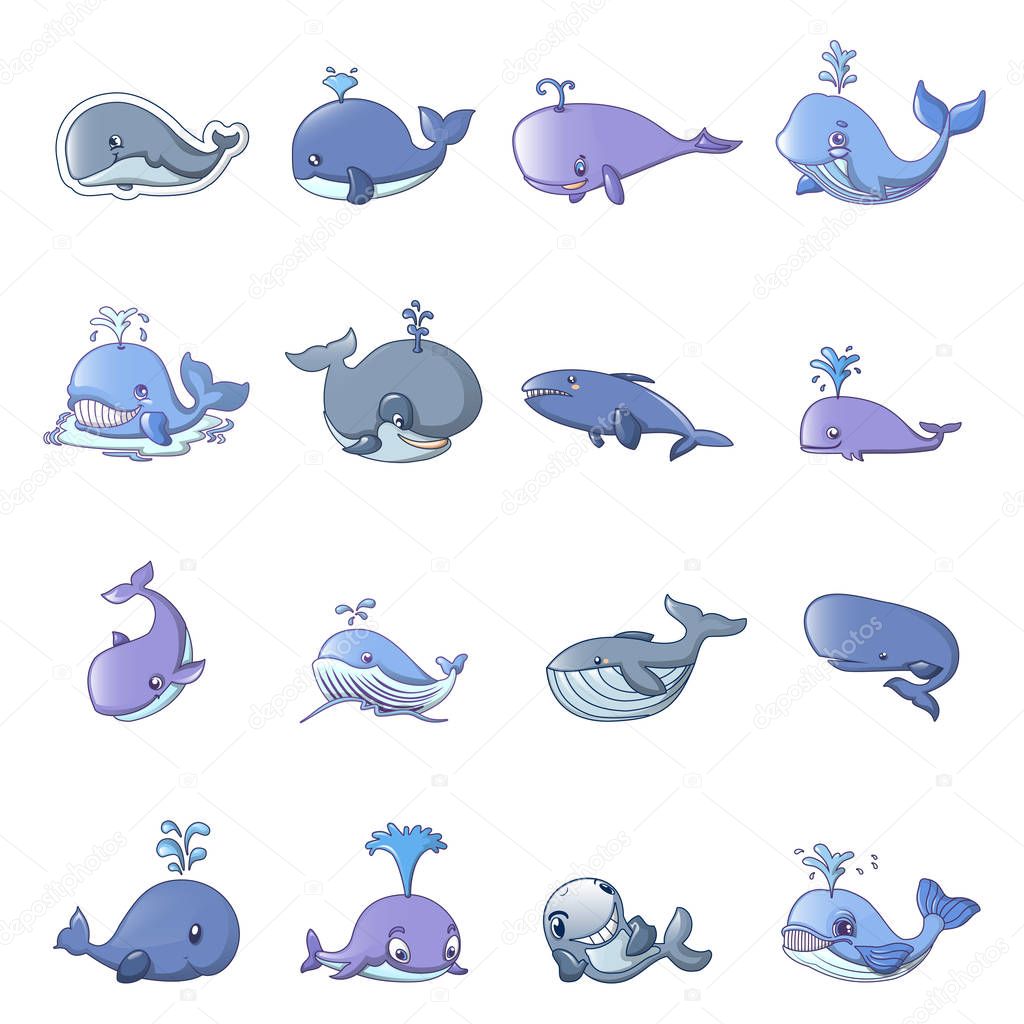Whale blue tale fish icons set. Cartoon illustration of 16 whale blue tale fish vector icons for web