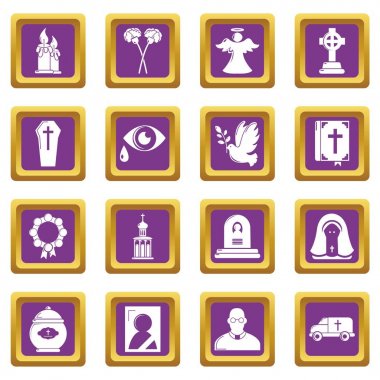 Mor kare vektör cenaze ritüel hizmet Icons set