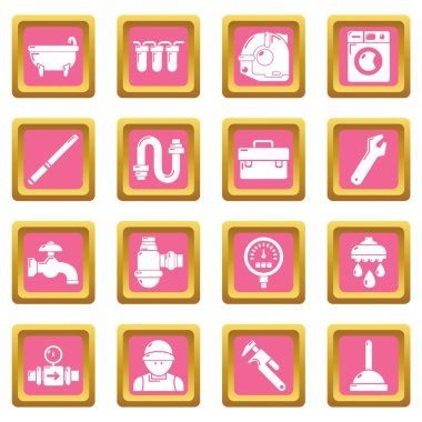 Pembe kare vektör tesisatçı sembolleri Icons set