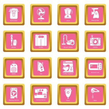 Pembe kare vektör ev aletleri Icons set