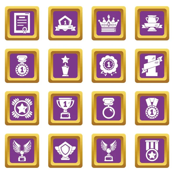 Premi medaglie tazze icone set viola vettore quadrato — Vettoriale Stock