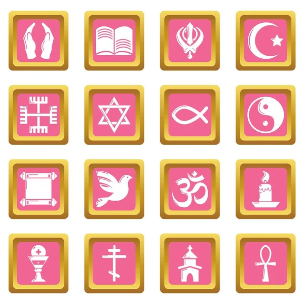 Vallás ikonok beállítása rózsaszín négyzet alakú vektor — Stock Vector