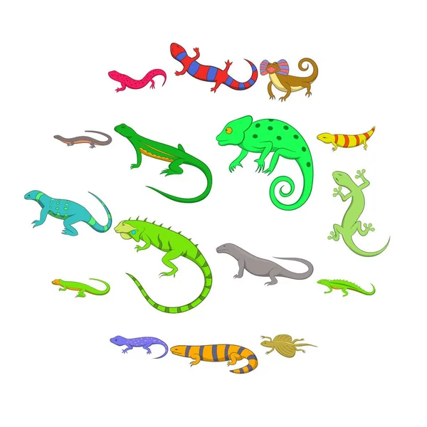 Juego de iconos de lagarto, estilo de dibujos animados — Vector de stock
