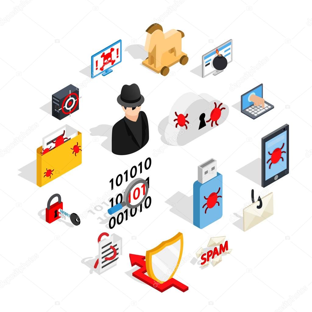 Isometric 3d hacking icons set. Universal hacking icons to use for web and mobile UI, set of basic hacking elements isolated vector illustration