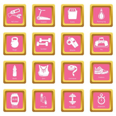 Pembe kare vektör spor salonu spor Icons set