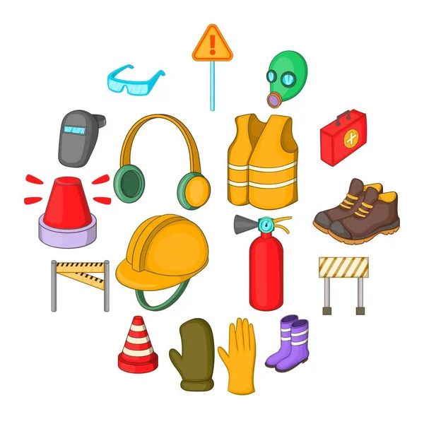 Veiligheid werk iconen set, cartoon stijl — Stockvector