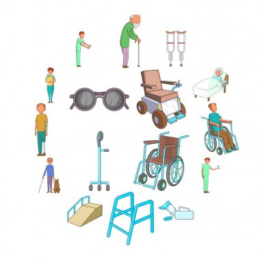 Özürlü insanların bakım Icons set, karikatür tarzı