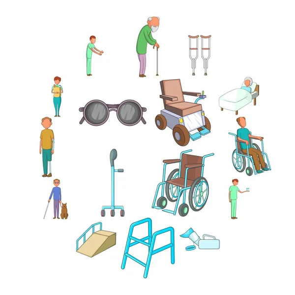 Personas con discapacidad cuidado iconos conjunto, estilo de dibujos animados — Vector de stock