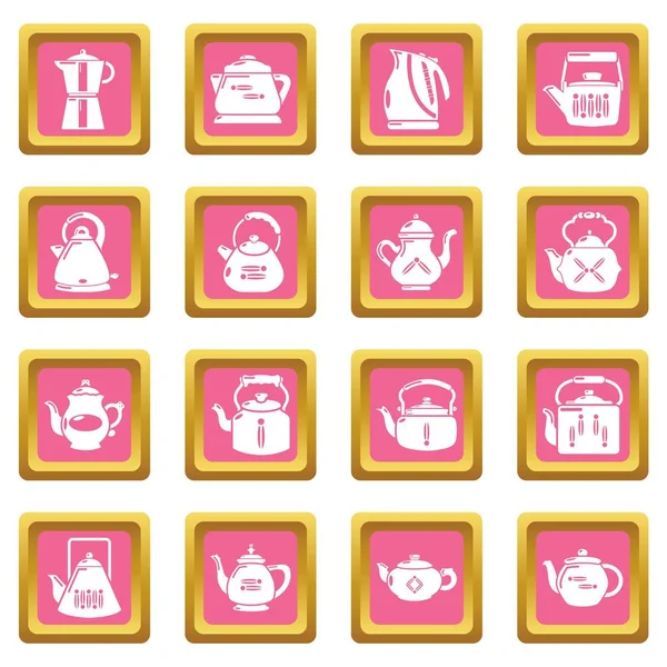 Czajniczek ikony różowy kwadrat wektor zestaw — Wektor stockowy