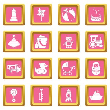 Çocuklar oyuncak Icons set pembe kare vektör