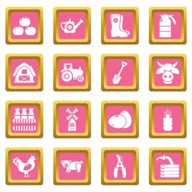 Pembe kare vektör Çiftliği Tarım Icons set