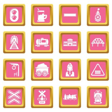 Tren demiryolu Icons set pembe kare vektör
