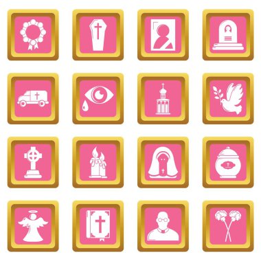Pembe kare vektör cenaze ritüel hizmet Icons set