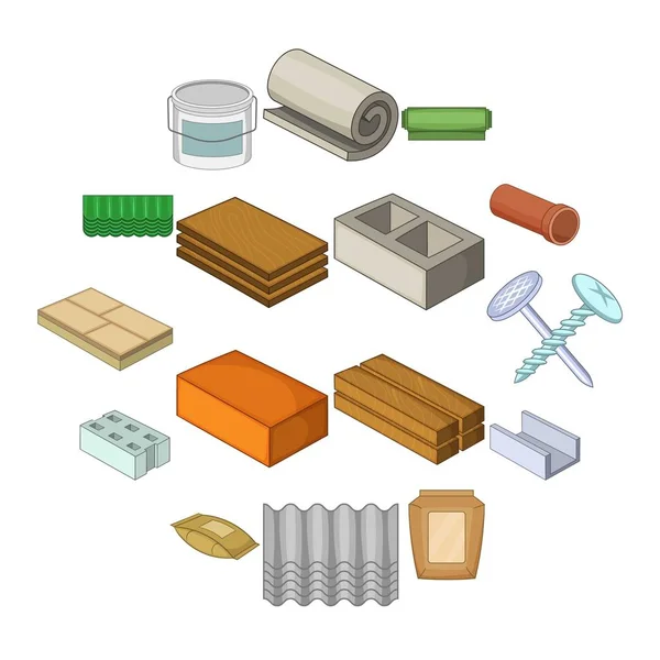 Ensemble d'icônes de matériaux de construction, style dessin animé — Image vectorielle