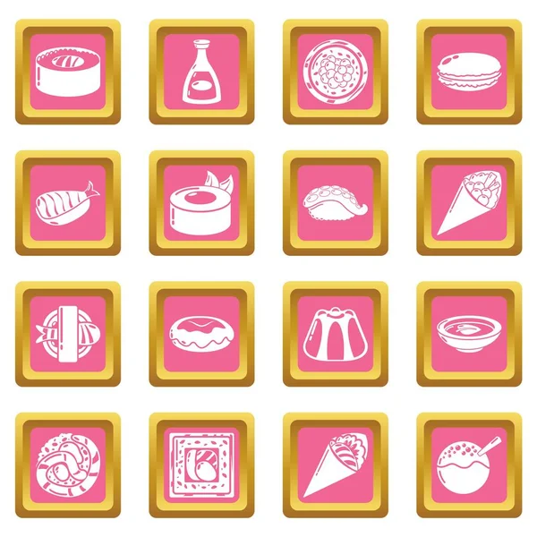 Japón alimentos iconos conjunto rosa cuadrado vector — Archivo Imágenes Vectoriales