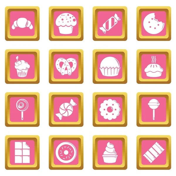 Édességek torták ikonok beállítása rózsaszín négyzet alakú vektor candy — Stock Vector