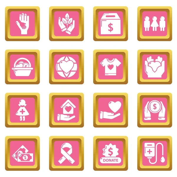 Icônes de charité ensemble vecteur carré rose — Image vectorielle