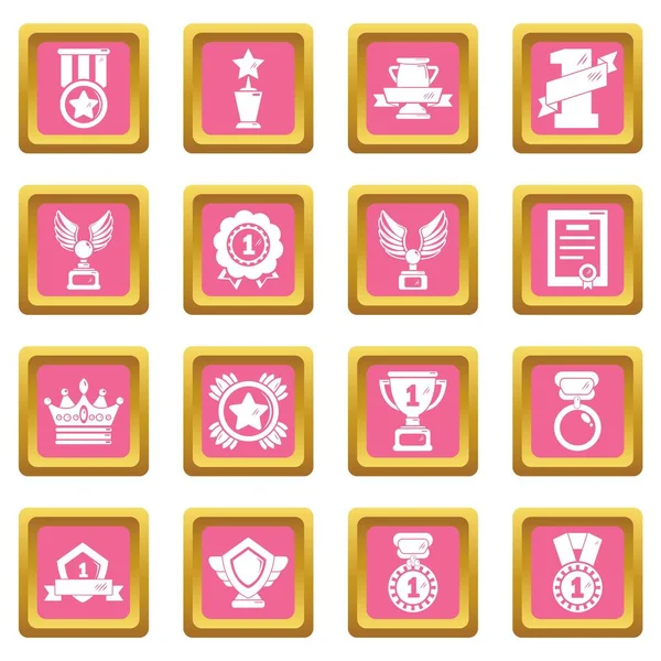 Premios medallas tazas iconos conjunto rosa cuadrado vector — Archivo Imágenes Vectoriales