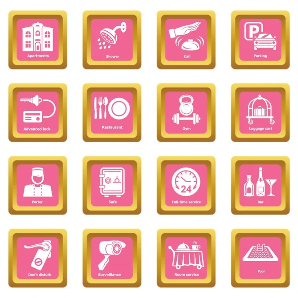 Iconos de servicio del hotel conjunto rosa cuadrado vector — Vector de stock