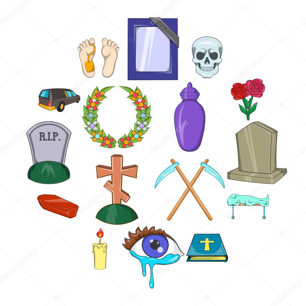 Funeral Icons set, cartoon style