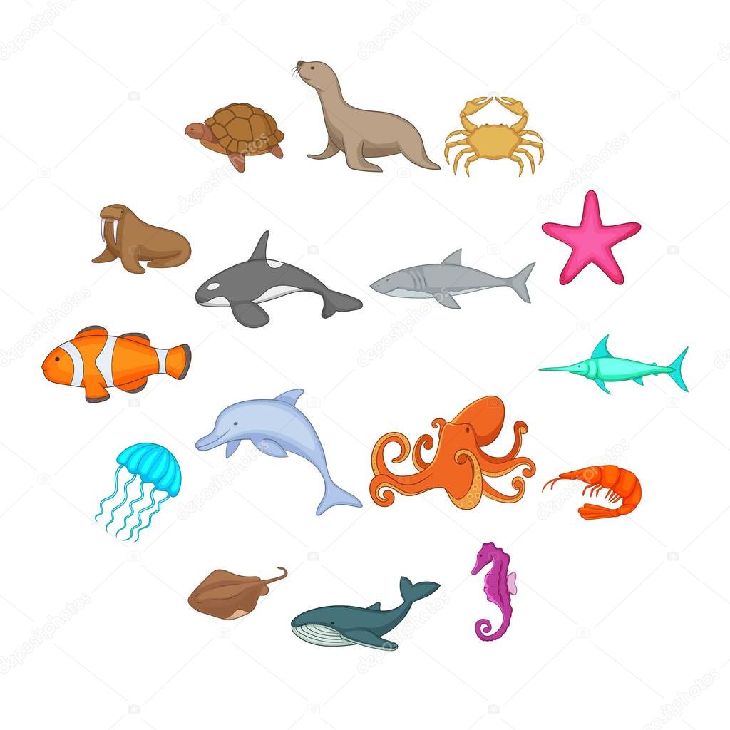 Ocean inhabitants icons set, cartoon style