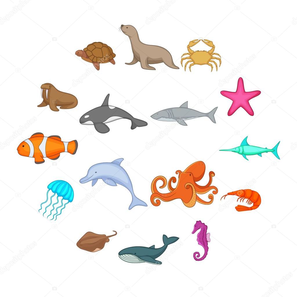 Ocean inhabitants icons set. Cartoon illustration of 16 ocean inhabitants vector icons for web