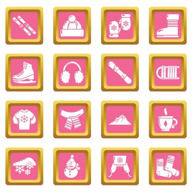 Pembe kare vektör kış giysileri Icons set