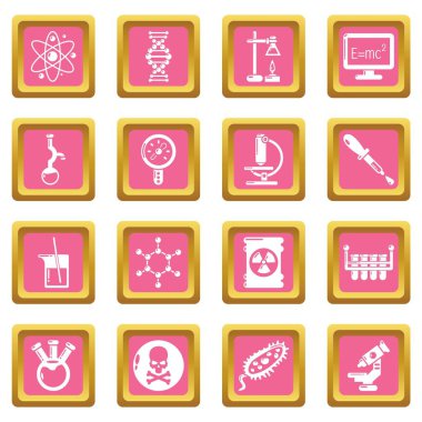 Pembe kare vektör kimya laboratuvar Icons set