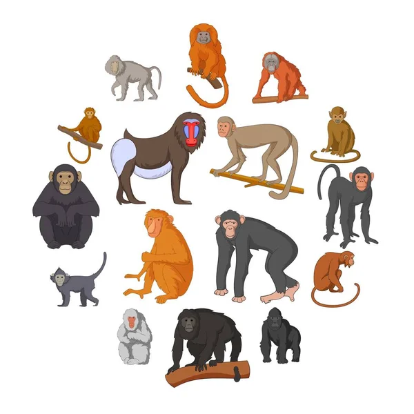 Conjunto de ícones de macacos diferentes, estilo cartoon —  Vetores de Stock