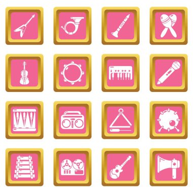 Pembe kare vektör müzik aletleri Icons set