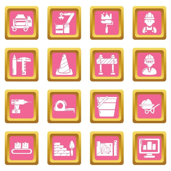 Iconos de proceso de construcción conjunto rosa cuadrado vector — Vector de stock