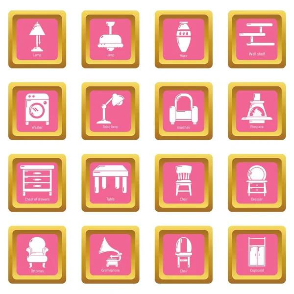 Iconos de muebles interiores conjunto rosa cuadrado vector — Vector de stock