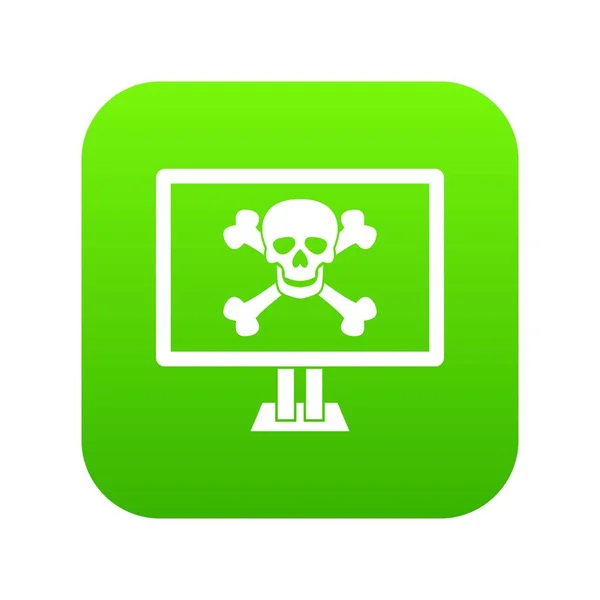 Monitor de computador com um ícone de crânio e ossos verde digital — Vetor de Stock