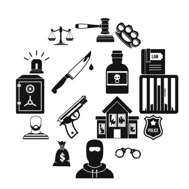 Suç ve ceza Icons set, basit tarzı