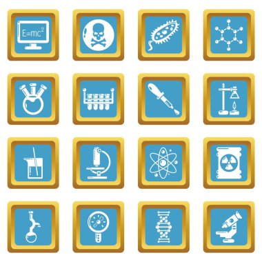 Sapphirine kare vektör kimya laboratuvar Icons set
