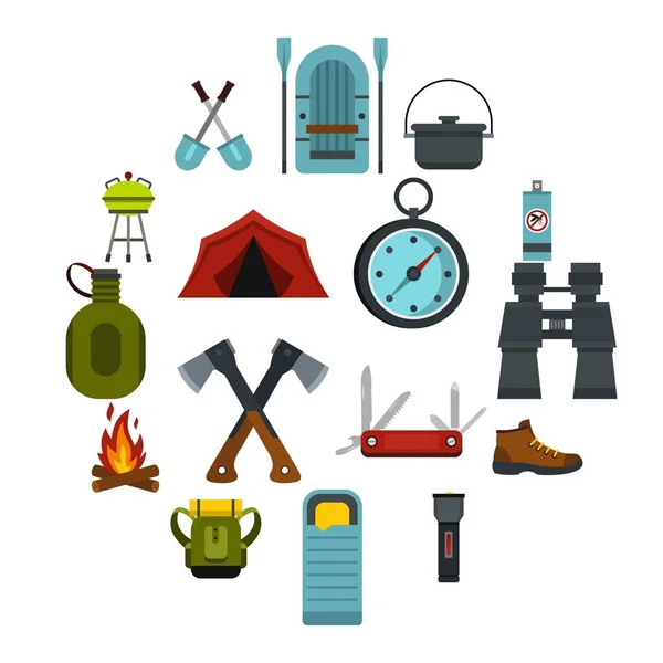 Equipo de camping conjunto de iconos, de estilo plano — Vector de stock