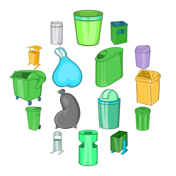 Ensemble d'icônes de poubelle, style dessin animé — Image vectorielle
