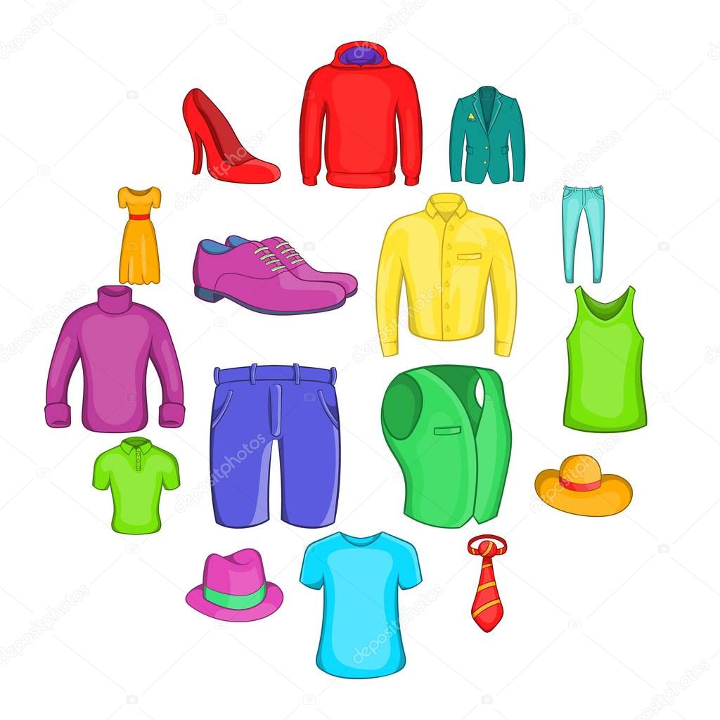 Clothes icons set, cartoon style