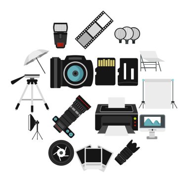 Fotoğraf stüdyosu ekipman Icons set, düz stil