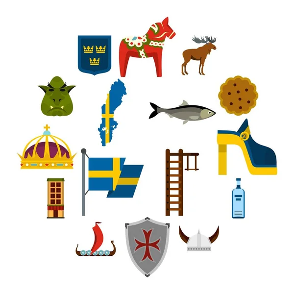 Suécia conjunto de viagem ícones planos —  Vetores de Stock
