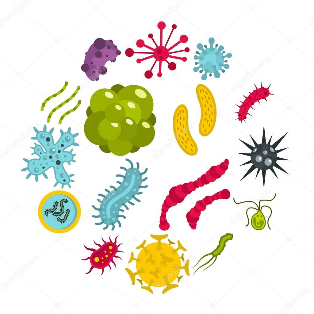 Virus bacteria set flat icons