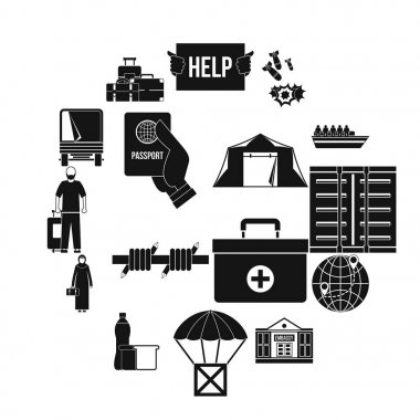 Mülteciler sorunu Icons set, basit tarzı