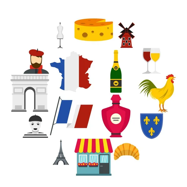 Francia viaje conjunto iconos planos — Vector de stock